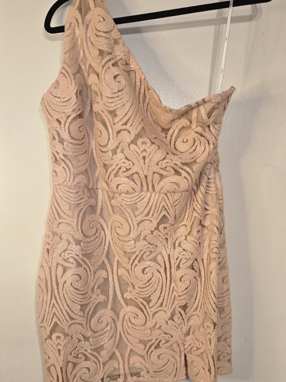 Lulu's Blush One-Shoulder Lace & Sequin Mini Dress